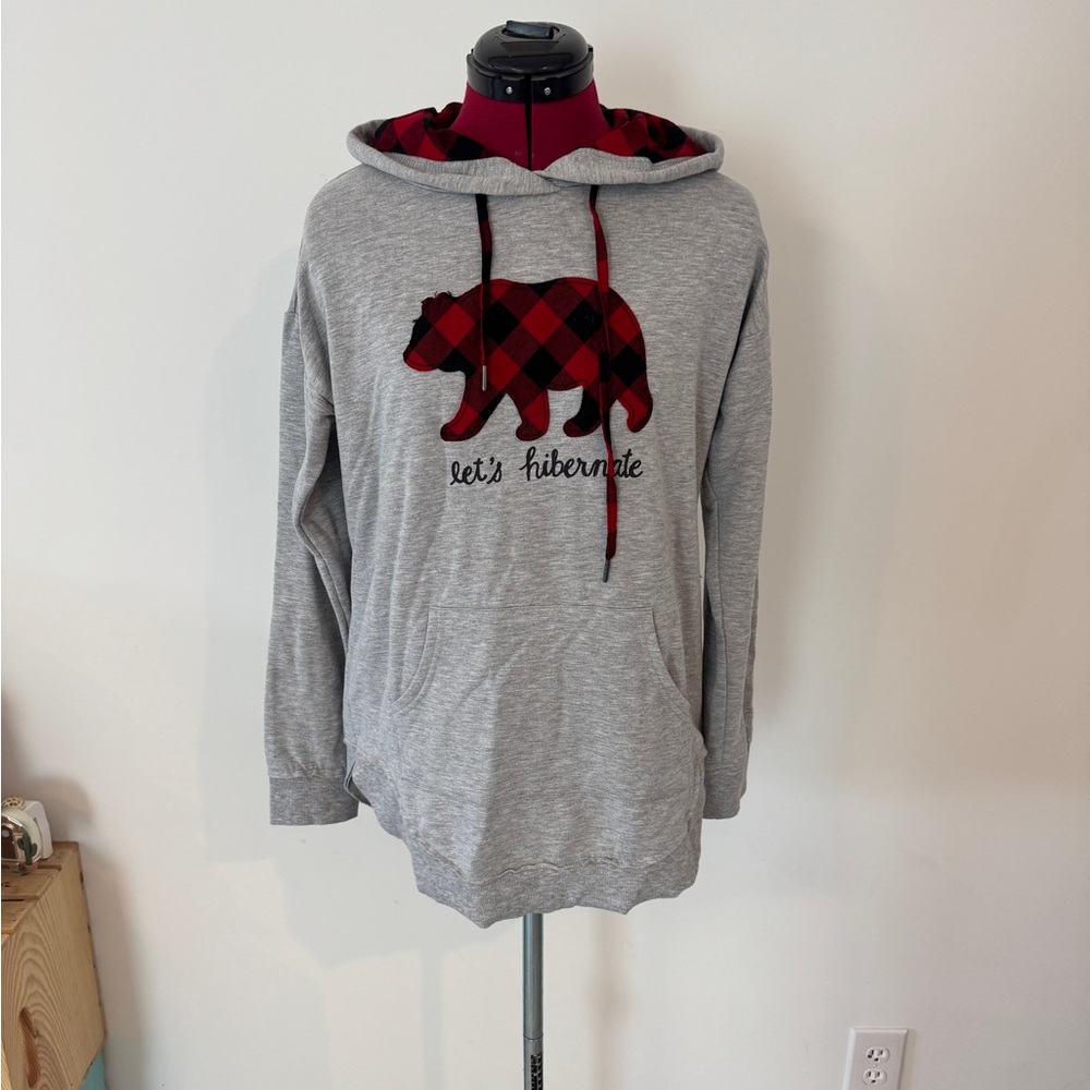 Gray Hoodie with Red Plaid Bear Design